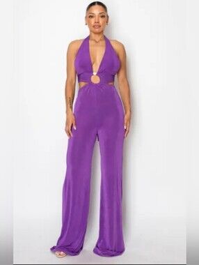 Halter Cutout Wide-Leg Jumpsuit in Purple